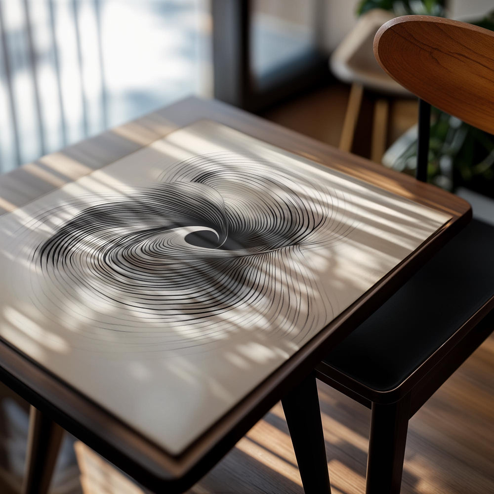 Abstract black and white spiral design on a beige background, as a premium aluminum metal print from GoMetalPrint.
