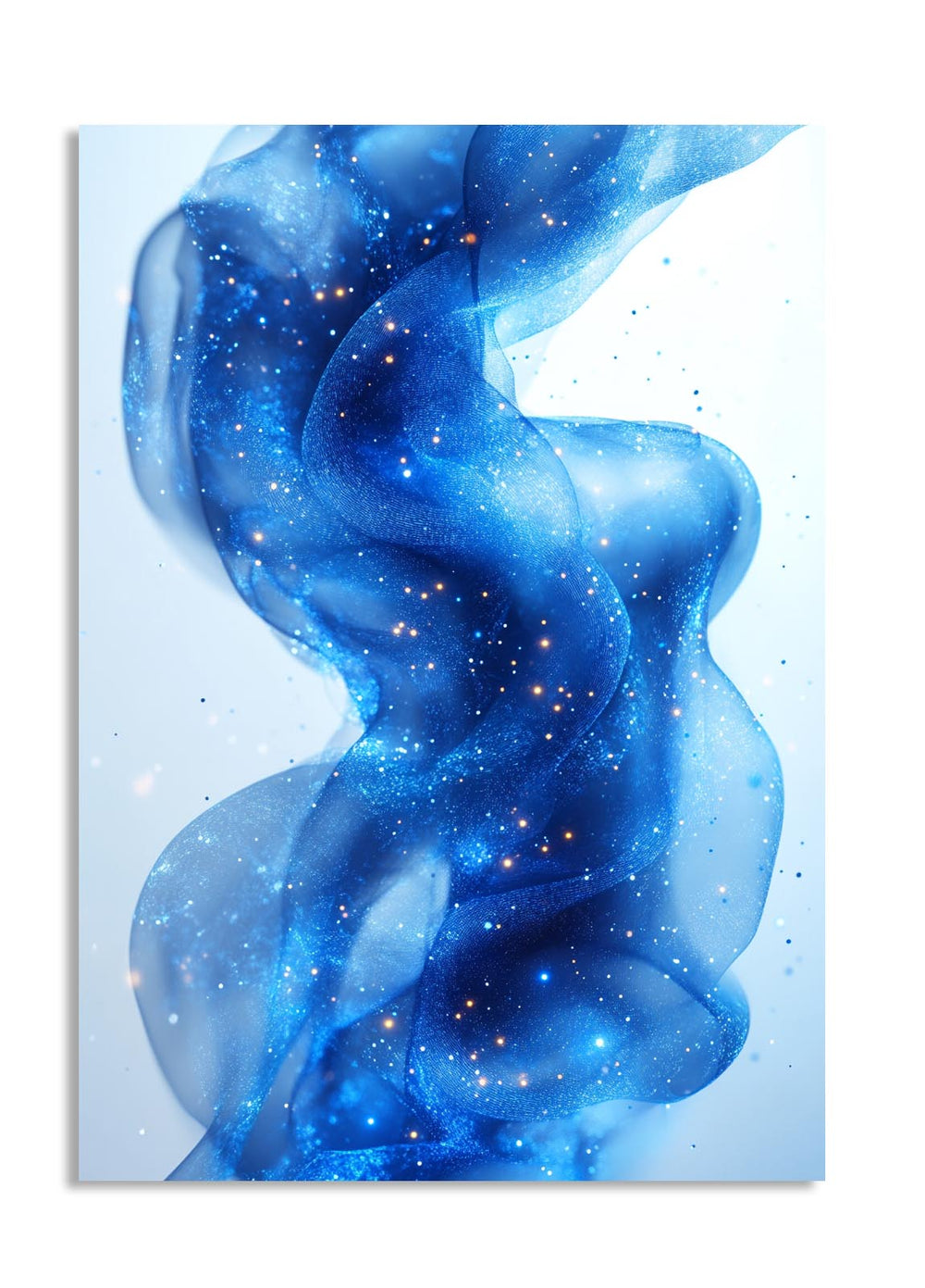 Abstract blue design with swirling patterns and star-like dots on a light blue background, as a premium aluminum metal print from GoMetalPrint.
