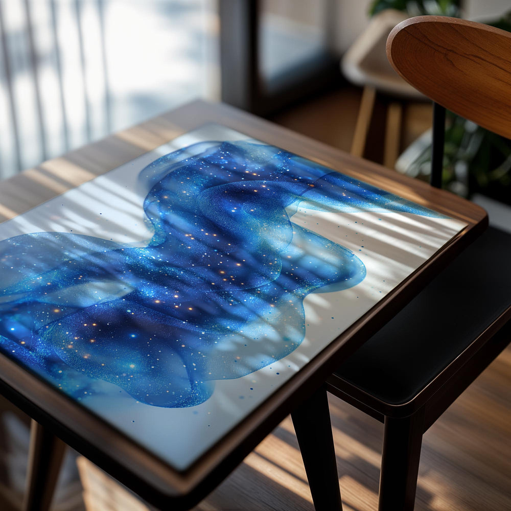 Abstract blue design with swirling patterns and star-like dots on a light blue background, as a premium aluminum metal print from GoMetalPrint.
