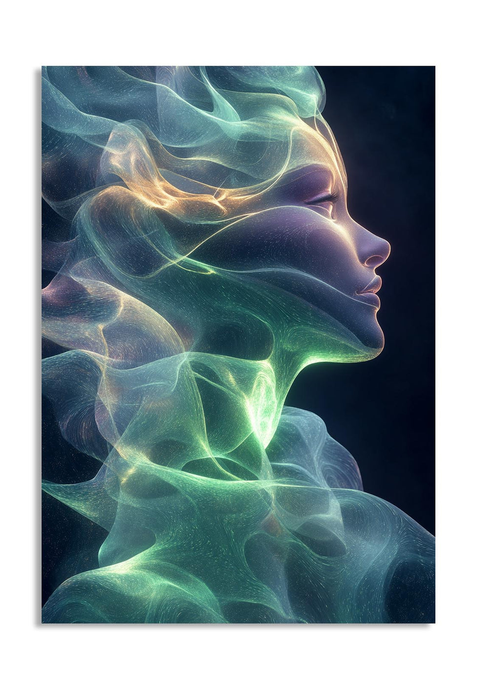 Abstract artwork of a person's profile with colorful smoke-like effects on a dark background, as a premium aluminum metal print from GoMetalPrint.
