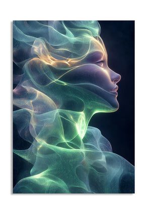 Abstract artwork of a person's profile with colorful smoke-like effects on a dark background, as a premium aluminum metal print from GoMetalPrint.
