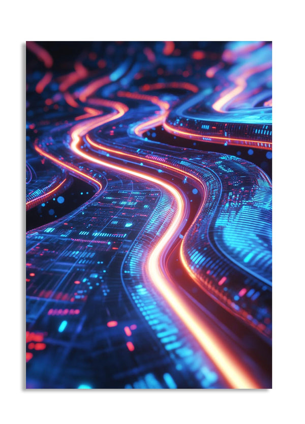 Neon futuristic road with glowing blue and red lines on a dark background, as a premium aluminum metal print from GoMetalPrint.
