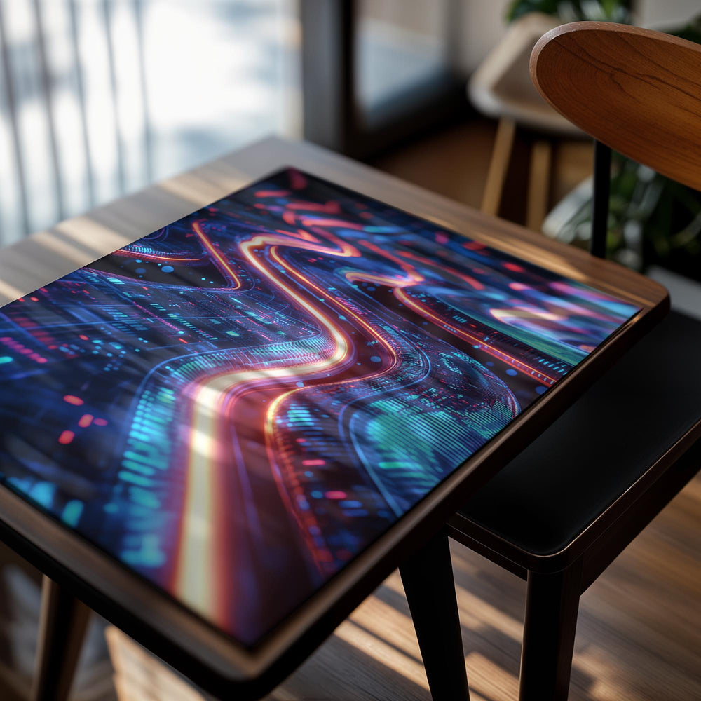 Neon futuristic road with glowing blue and red lines on a dark background, as a premium aluminum metal print from GoMetalPrint.
