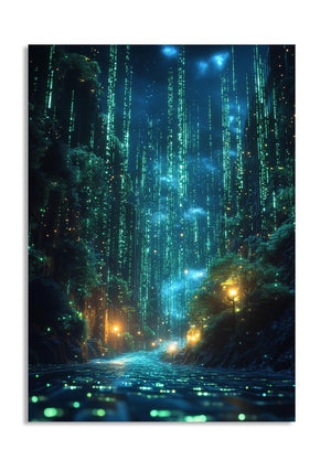 Futuristic cityscape with digital rain and glowing lights, as a premium aluminum metal print from GoMetalPrint.
