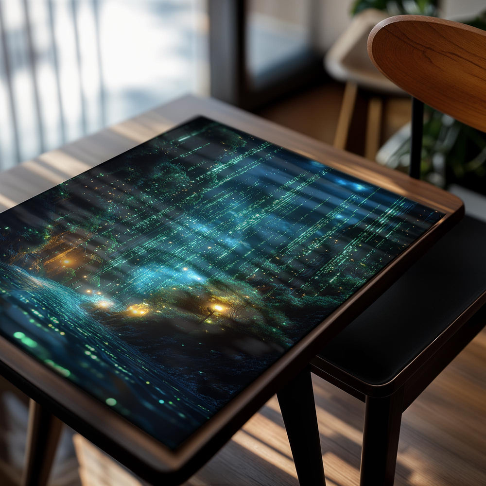 Futuristic cityscape with digital rain and glowing lights, as a premium aluminum metal print from GoMetalPrint.
