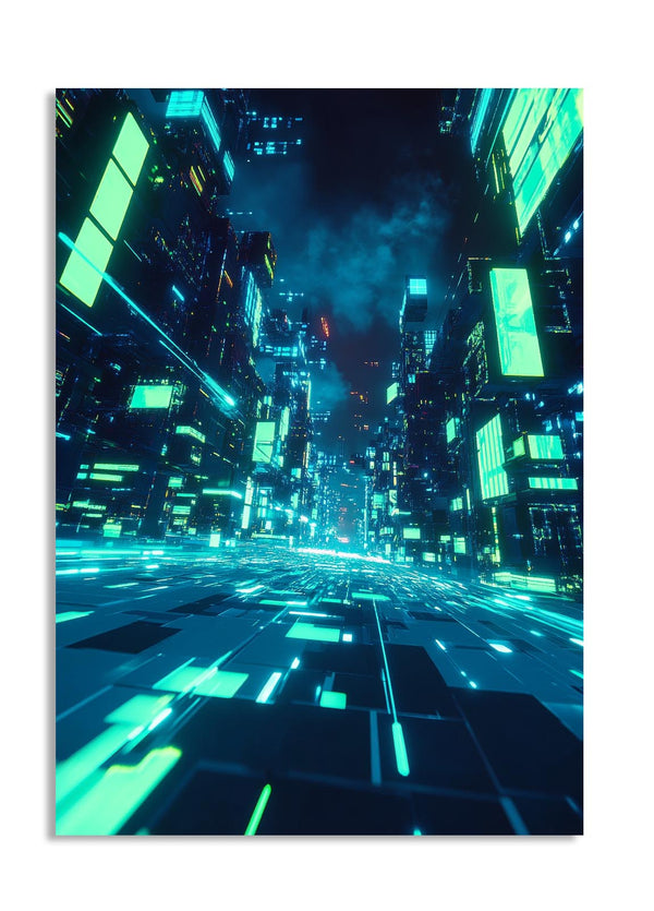Futuristic cityscape with neon lights and digital elements, as a premium aluminum metal print from GoMetalPrint.
