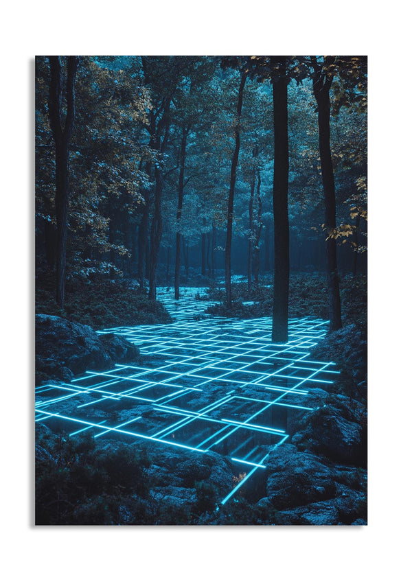 Neon grid pathway in a forest at night, as a premium aluminum metal print from GoMetalPrint.
