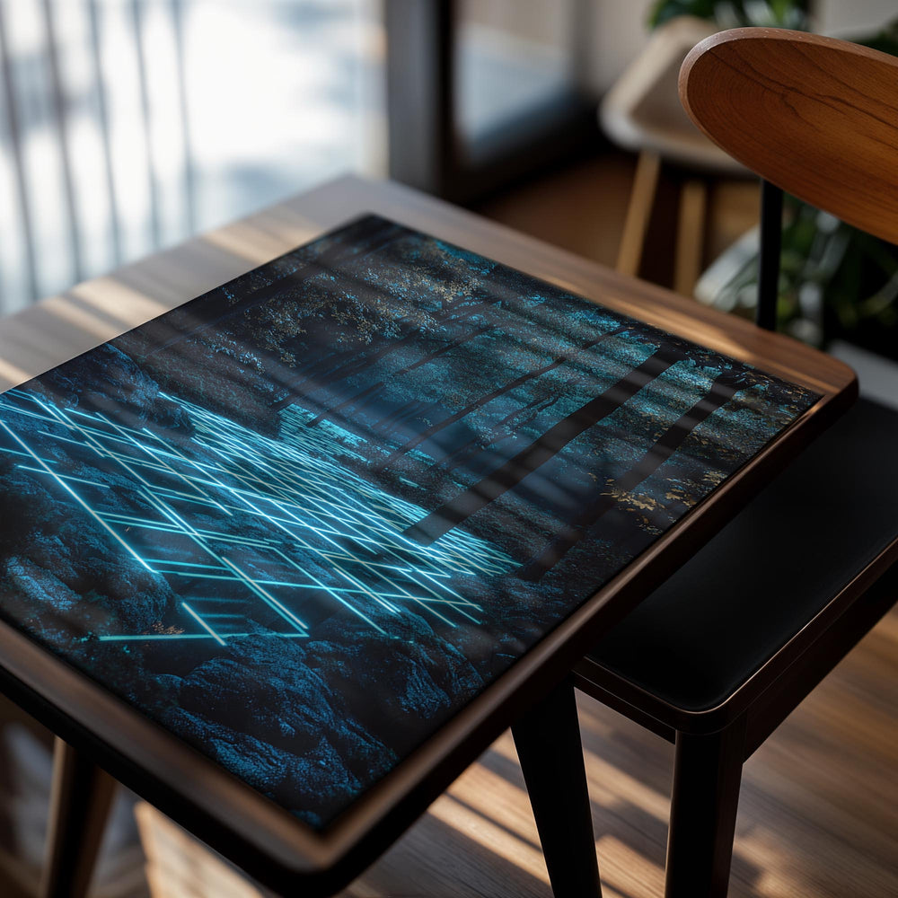 Neon grid pathway in a forest at night, as a premium aluminum metal print from GoMetalPrint.
