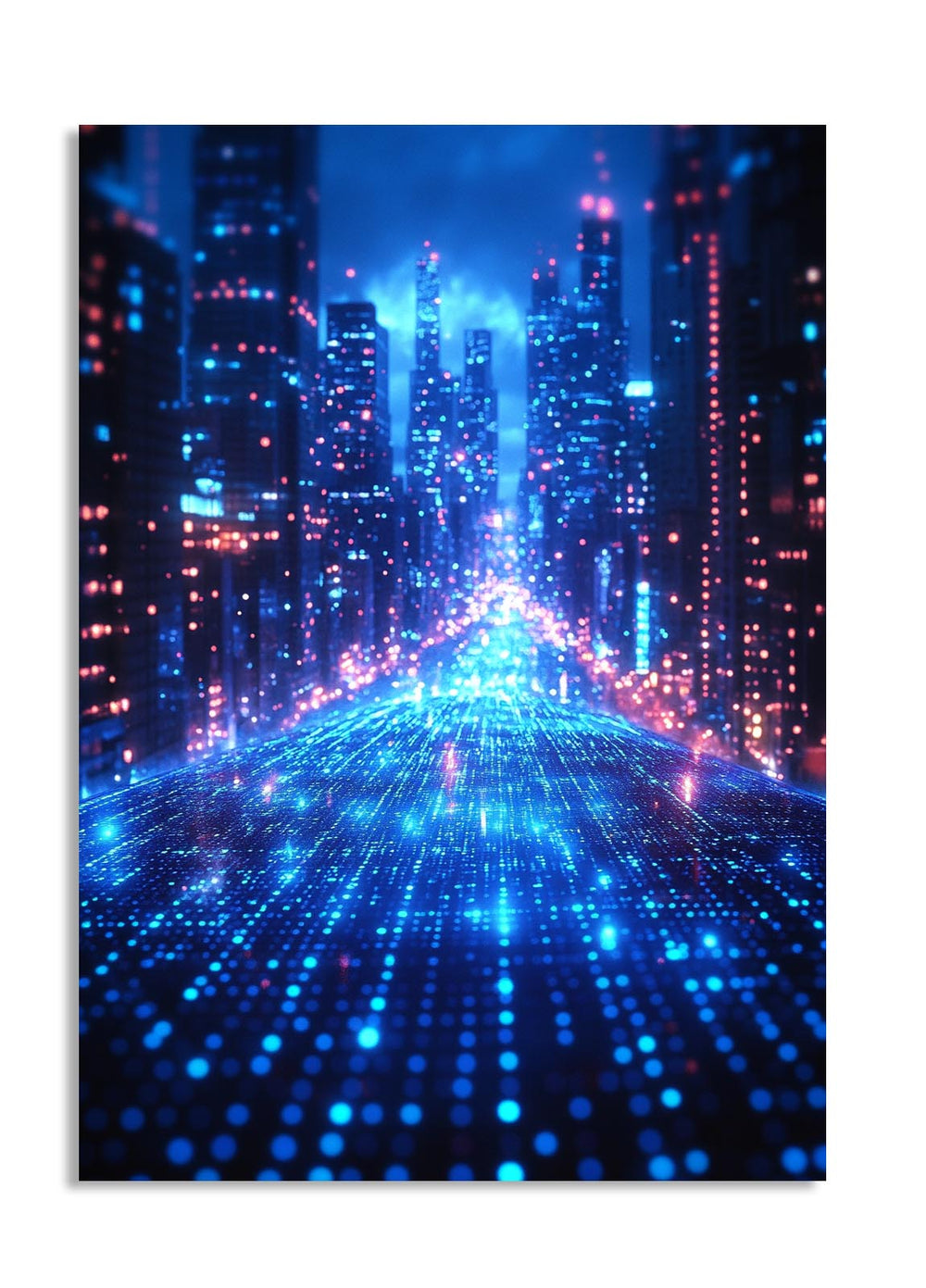 Futuristic cityscape with blue and pink lights, as a premium aluminum metal print from GoMetalPrint.
