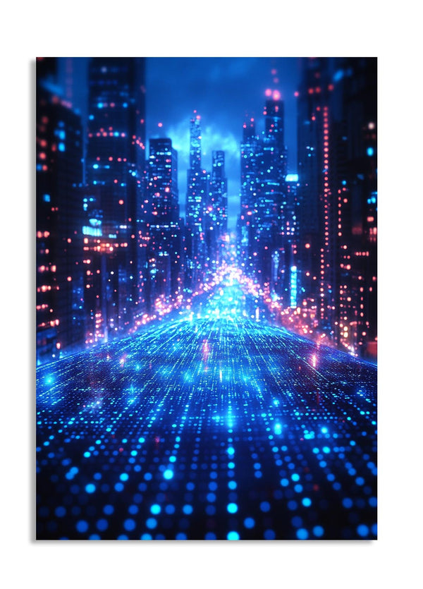 Futuristic cityscape with blue and pink lights, as a premium aluminum metal print from GoMetalPrint.
