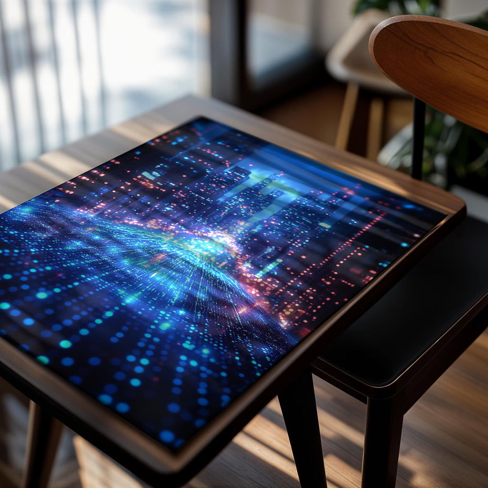 Futuristic cityscape with blue and pink lights, as a premium aluminum metal print from GoMetalPrint.
