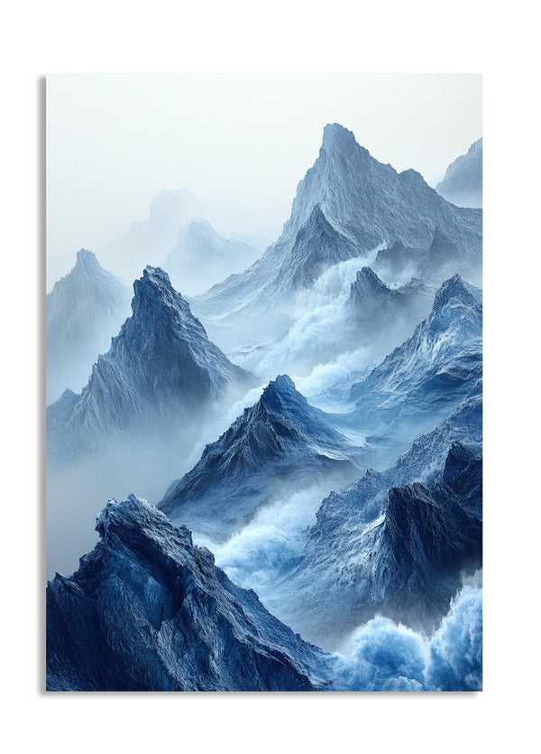 Stylized mountain landscape with jagged peaks and misty atmosphere, as a premium aluminum metal print from GoMetalPrint.
