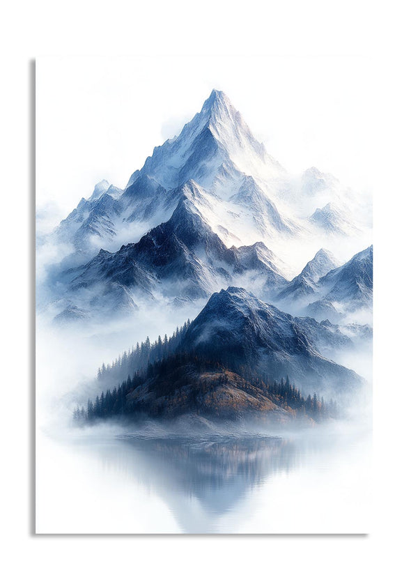 Mountain landscape with snow-capped peaks and misty valleys, as a premium aluminum metal print from GoMetalPrint.
