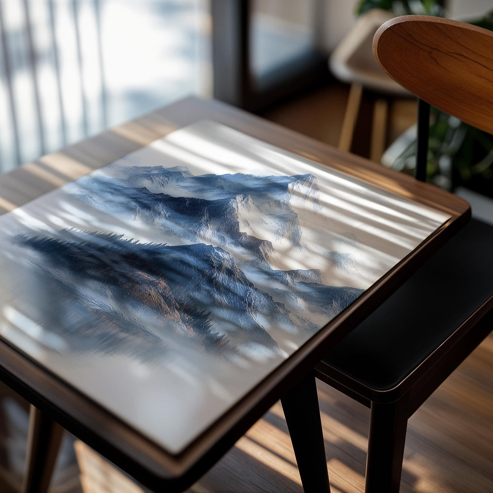 Mountain landscape with snow-capped peaks and misty valleys, as a premium aluminum metal print from GoMetalPrint.
