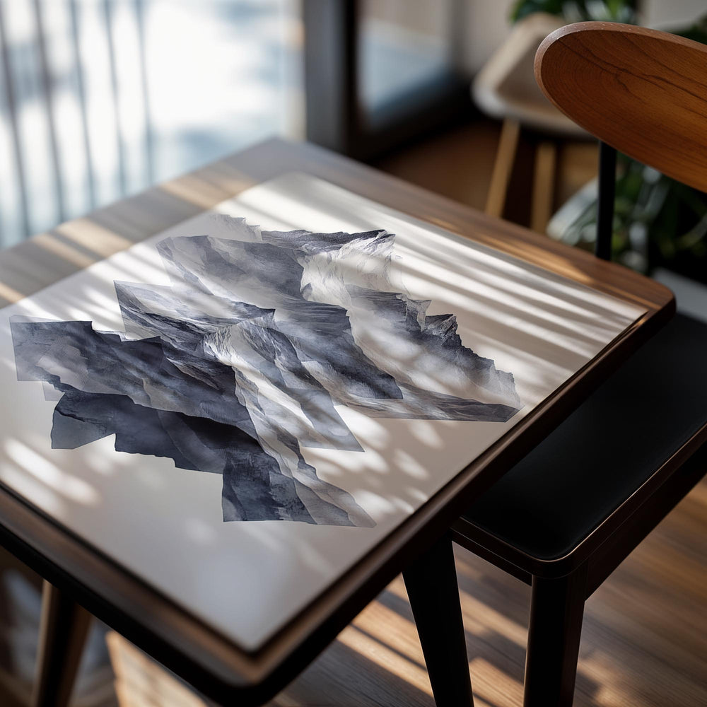 Abstract mountain landscape art print with a white border, as a premium aluminum metal print from GoMetalPrint.
