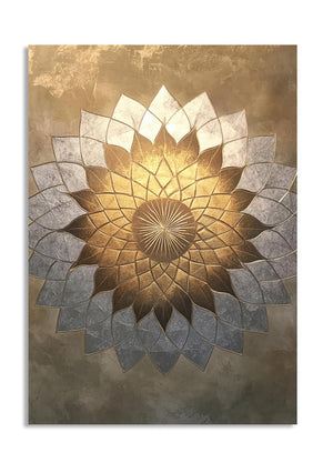 Decorative wall art with a geometric floral design on a textured gold and brown background, as a premium aluminum metal print from GoMetalPrint.
