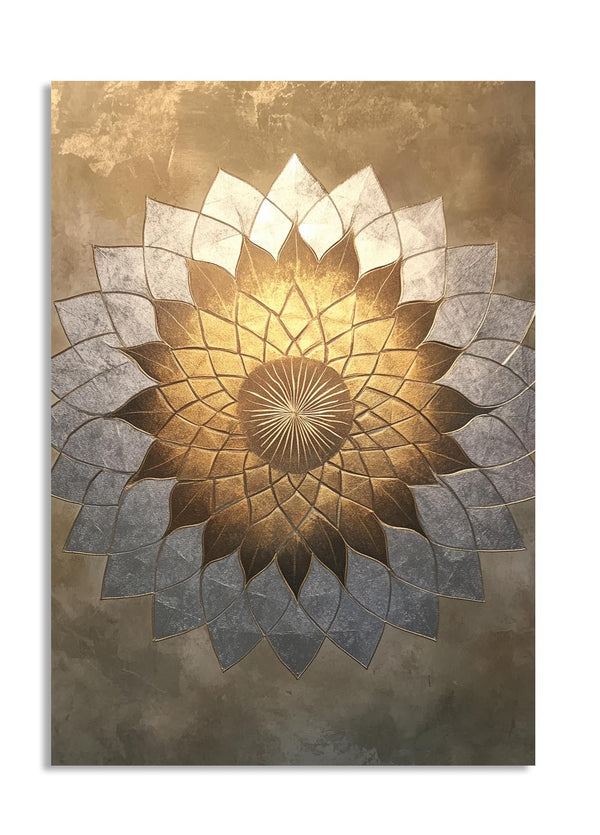 Decorative wall art with a geometric floral design on a textured gold and brown background, as a premium aluminum metal print from GoMetalPrint.
