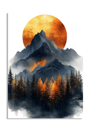 Mountain landscape with a large orange sun and forest below, as a premium aluminum metal print from GoMetalPrint.
