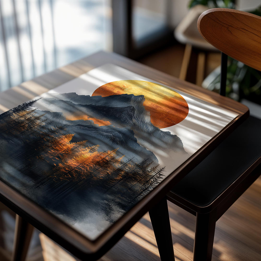 Mountain landscape with a large orange sun and forest below, as a premium aluminum metal print from GoMetalPrint.
