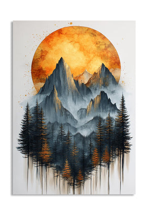Artistic depiction of mountains and trees with a large orange sun in the sky, as a premium aluminum metal print from GoMetalPrint.

