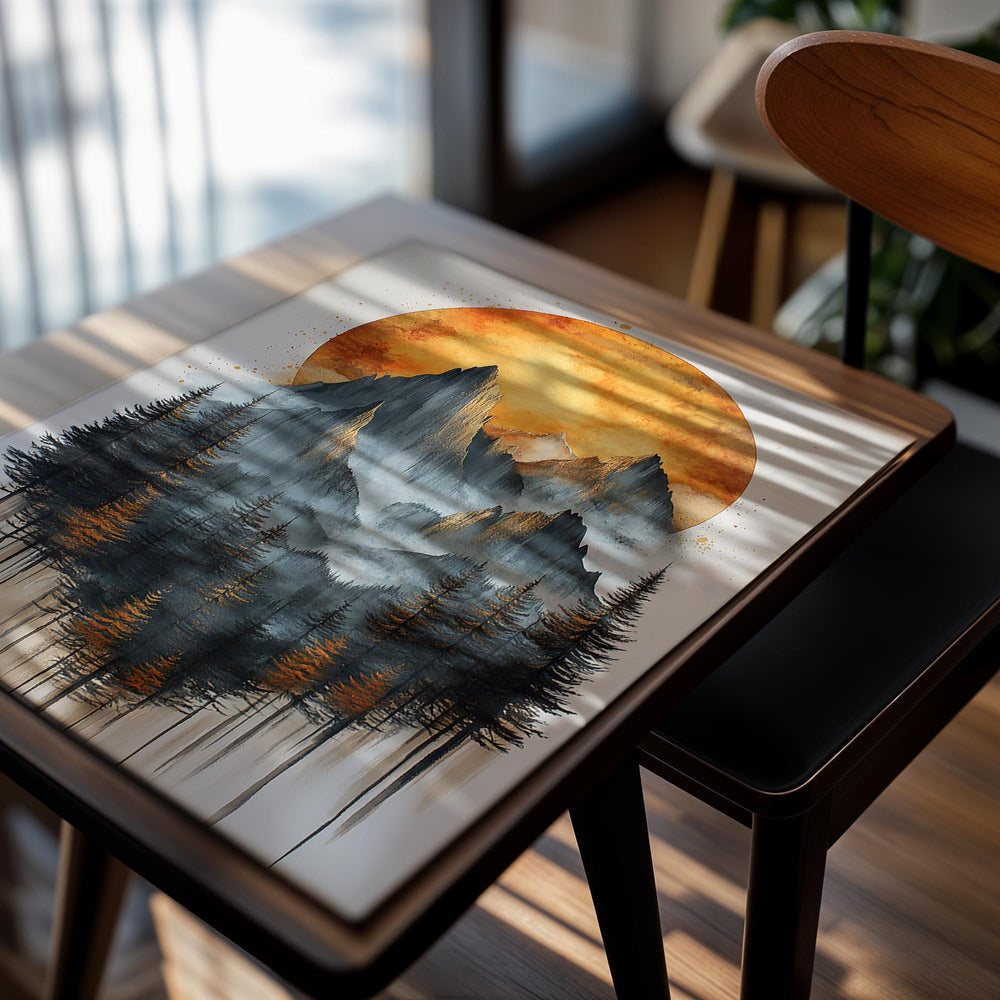 Artistic depiction of mountains and trees with a large orange sun in the sky, as a premium aluminum metal print from GoMetalPrint.
