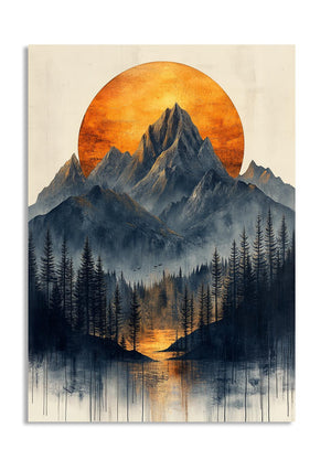 Mountain landscape with a large orange sun and trees reflected in water, as a premium aluminum metal print from GoMetalPrint.

