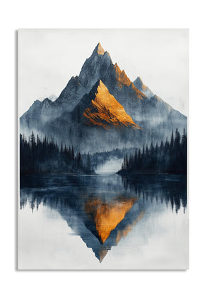 Mountain reflection in water with blue and orange hues on a white background, as a premium aluminum metal print from GoMetalPrint.

