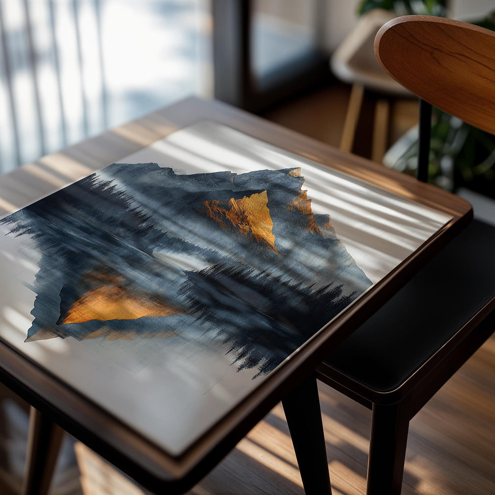 Mountain reflection in water with blue and orange hues on a white background, as a premium aluminum metal print from GoMetalPrint.
