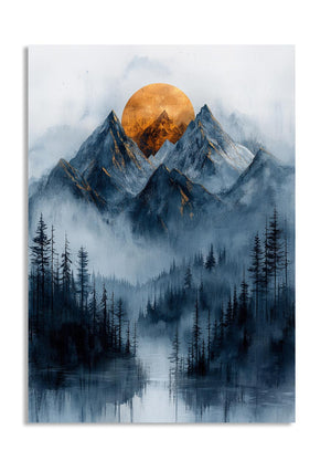 Mountain landscape with a large orange moon rising behind the peaks, surrounded by trees and fog, as a premium aluminum metal print from GoMetalPrint.
