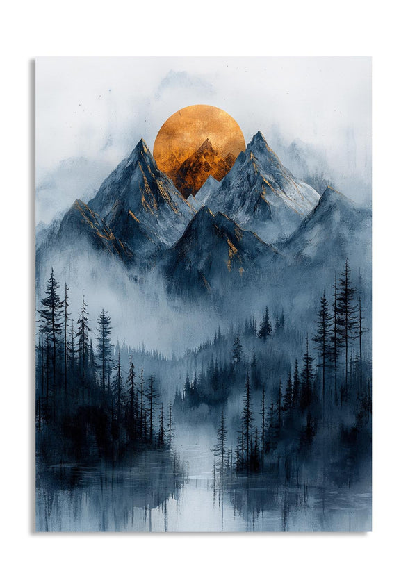 Mountain landscape with a large orange moon rising behind the peaks, surrounded by trees and fog, as a premium aluminum metal print from GoMetalPrint.
