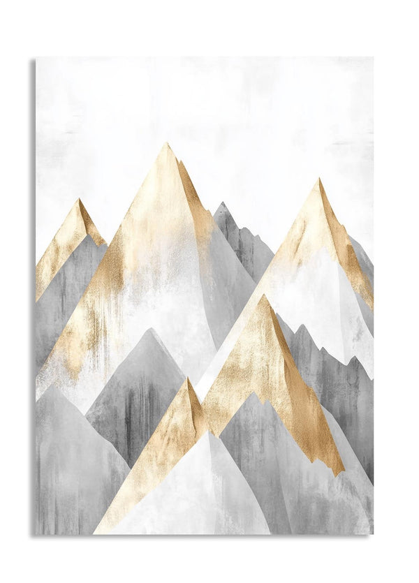 Abstract art print of gold and gray mountains on a white background, as a premium aluminum metal print from GoMetalPrint.
