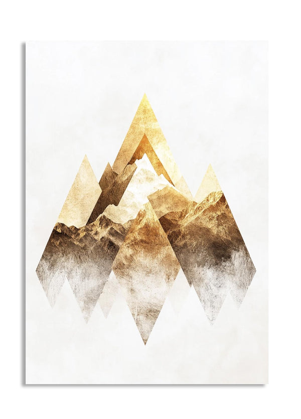 Geometric mountain art print with brown and beige colors on a white background, as a premium aluminum metal print from GoMetalPrint.
