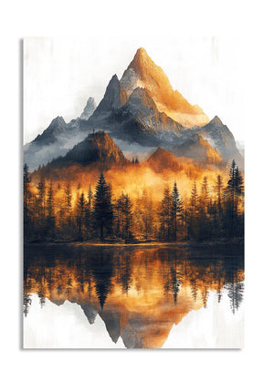 Mountain landscape with trees reflected in a lake, as a premium aluminum metal print from GoMetalPrint.
