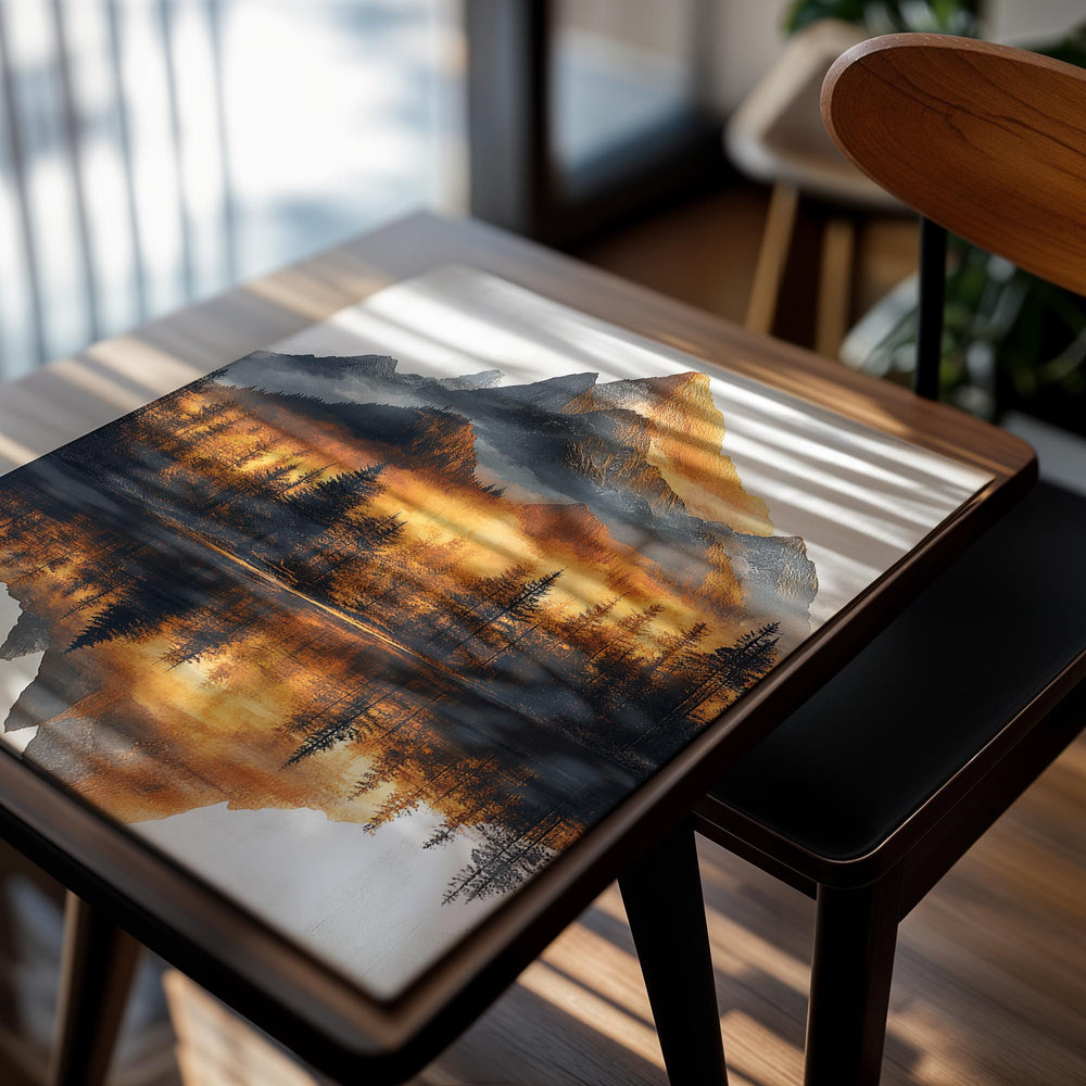 Mountain landscape with trees reflected in a lake, as a premium aluminum metal print from GoMetalPrint.
