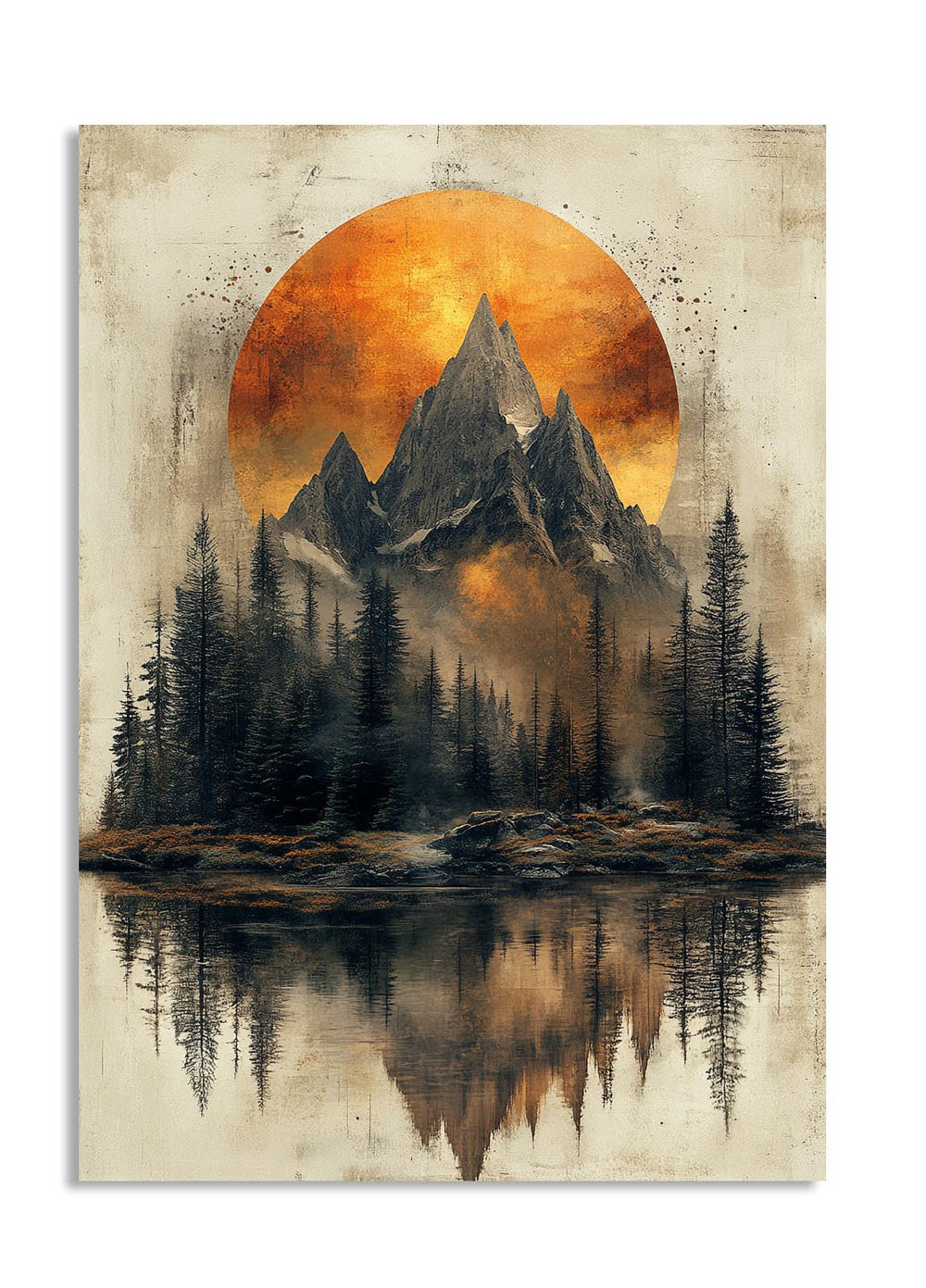 Mountain landscape with a large orange moon reflection in water, on a textured beige background, as a premium aluminum metal print from GoMetalPrint.
