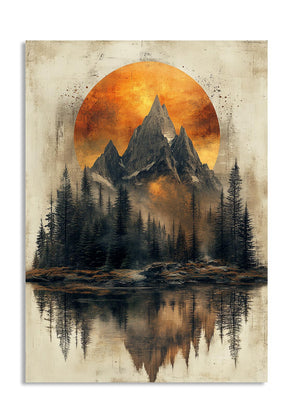 Mountain landscape with a large orange moon reflection in water, on a textured beige background, as a premium aluminum metal print from GoMetalPrint.
