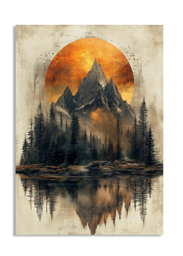 Mountain landscape with a large orange moon reflection in water, on a textured beige background, as a premium aluminum metal print from GoMetalPrint.
