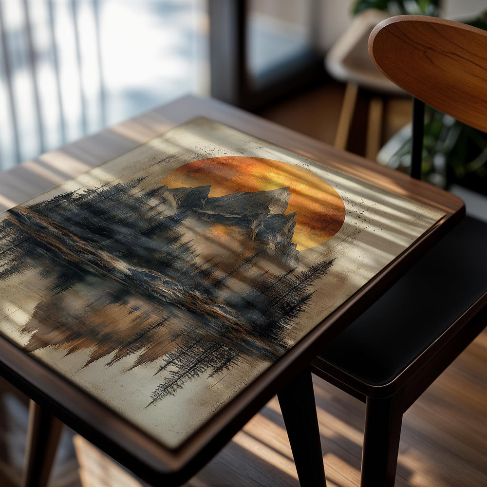 Mountain landscape with a large orange moon reflection in water, on a textured beige background, as a premium aluminum metal print from GoMetalPrint.
