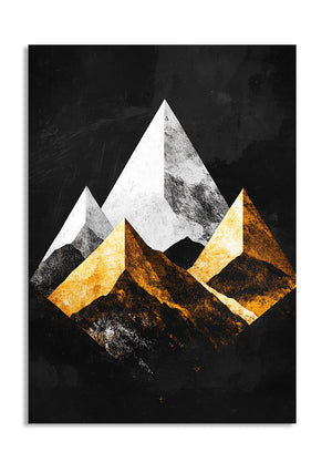 Abstract mountain art print with gold and white peaks on a black background, as a premium aluminum metal print from GoMetalPrint.

