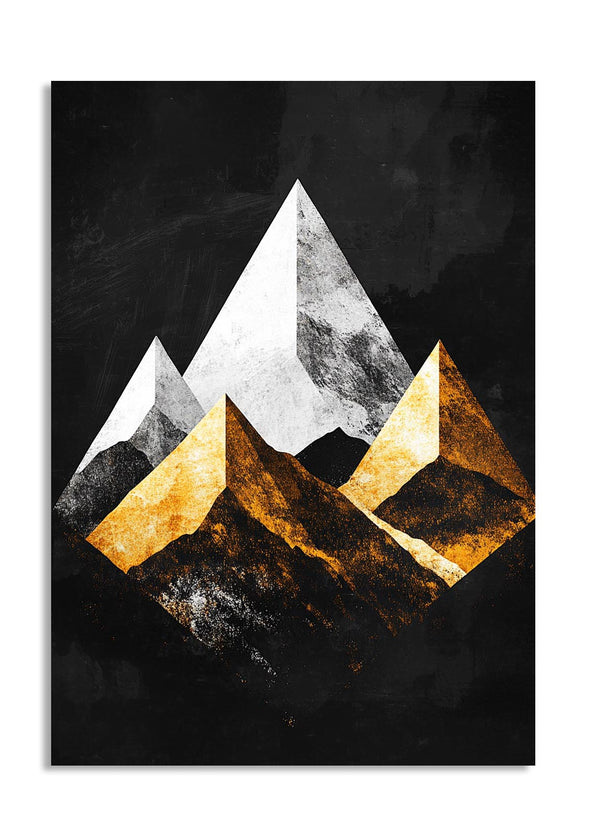 Abstract mountain art print with gold and white peaks on a black background, as a premium aluminum metal print from GoMetalPrint.
