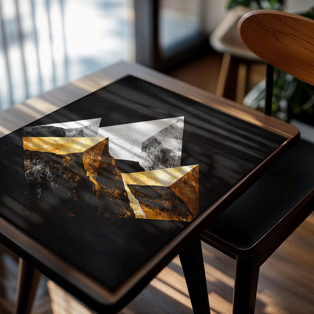 Abstract mountain art print with gold and white peaks on a black background, as a premium aluminum metal print from GoMetalPrint.
