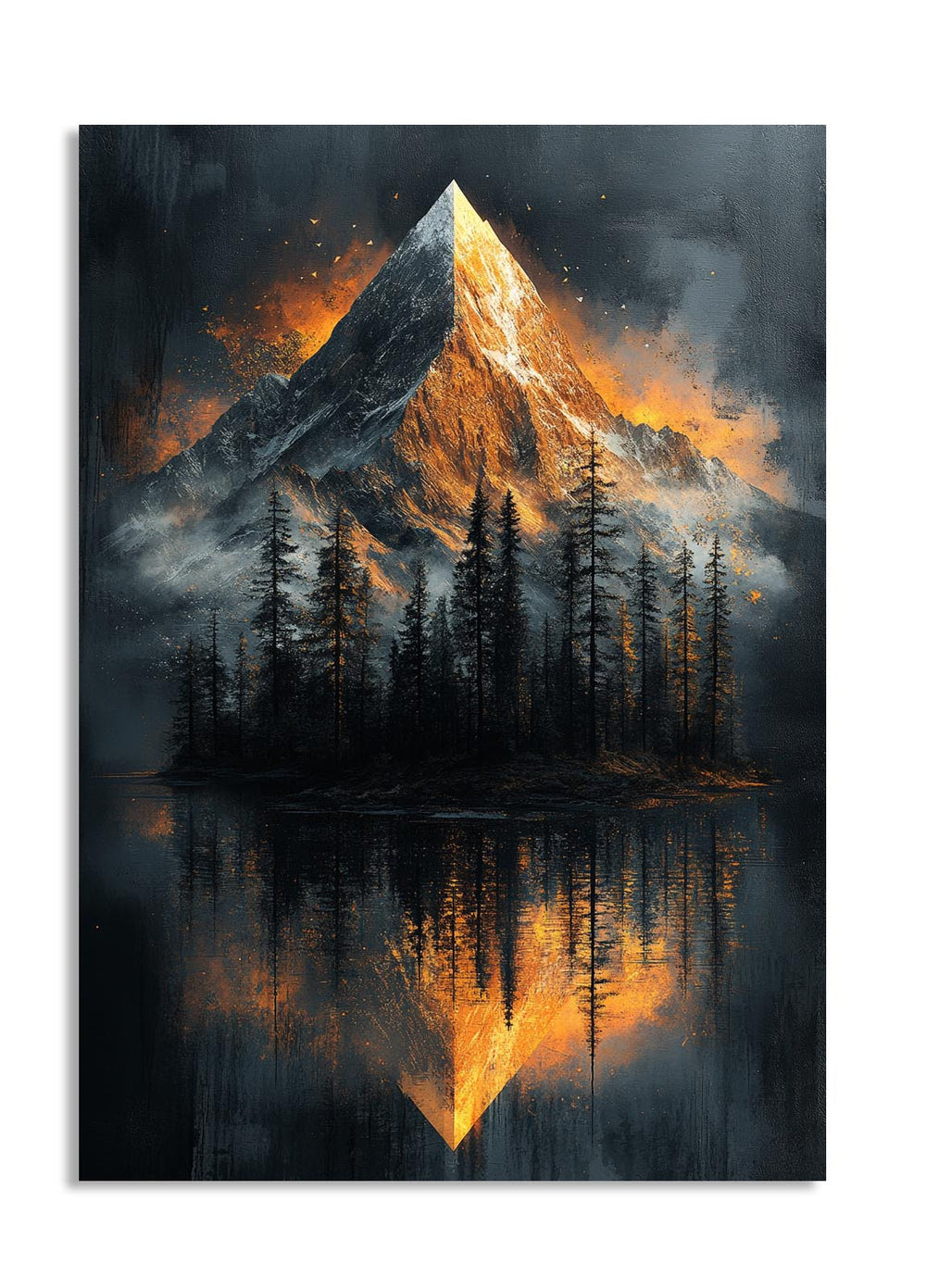 Mountain peak with golden light reflected in water, surrounded by trees, as a premium aluminum metal print from GoMetalPrint.
