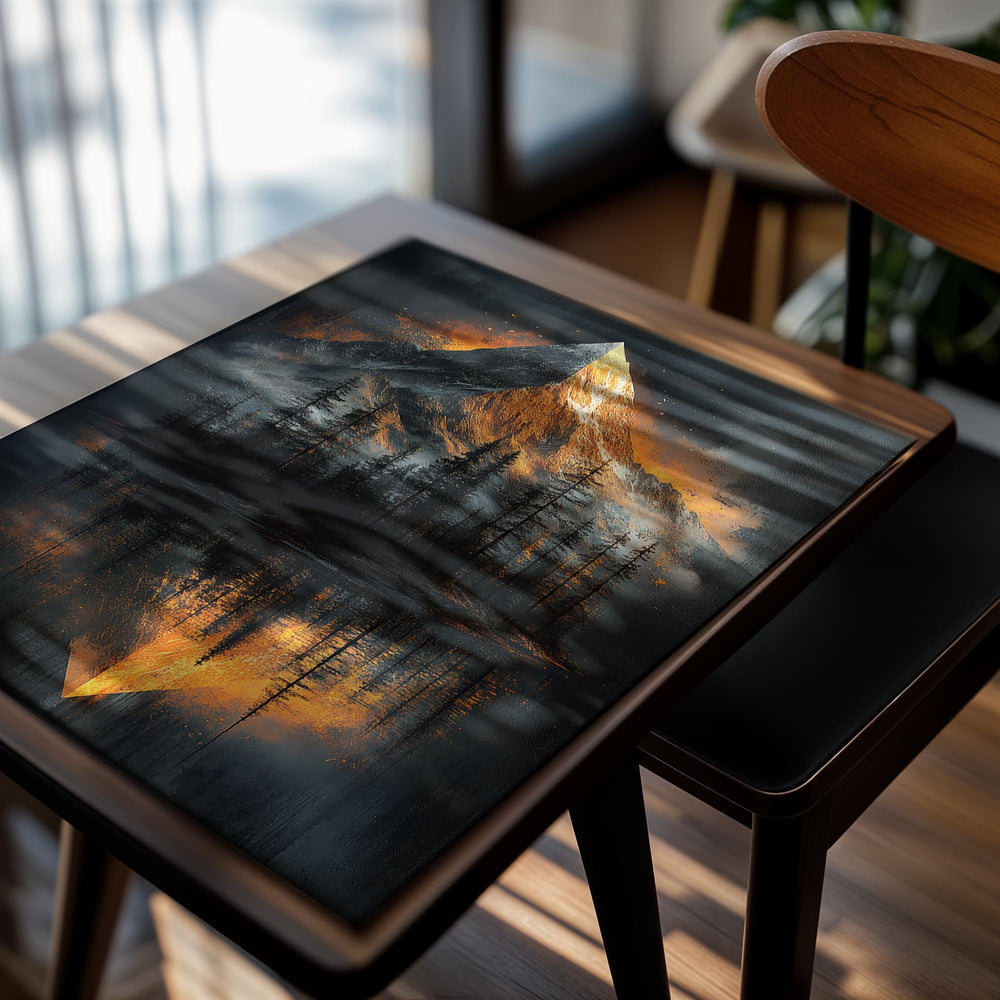 Mountain peak with golden light reflected in water, surrounded by trees, as a premium aluminum metal print from GoMetalPrint.
