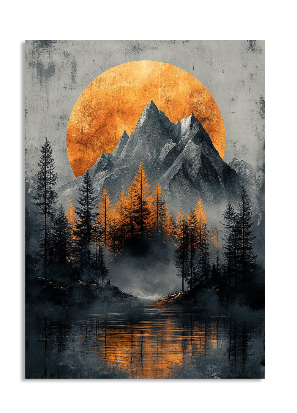 Artistic depiction of a mountain landscape with a large orange moon and reflective water, as a premium aluminum metal print from GoMetalPrint.
