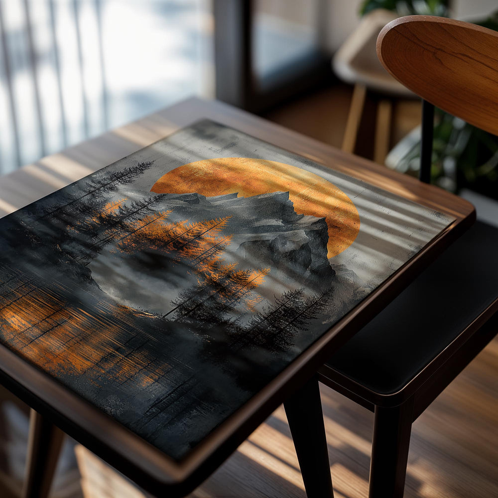 Artistic depiction of a mountain landscape with a large orange moon and reflective water, as a premium aluminum metal print from GoMetalPrint.
