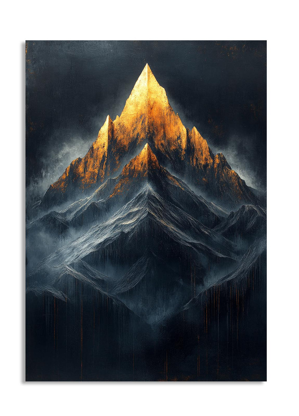 Stylized mountain peak with golden light against a dark background, as a premium aluminum metal print from GoMetalPrint.
