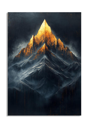 Stylized mountain peak with golden light against a dark background, as a premium aluminum metal print from GoMetalPrint.
