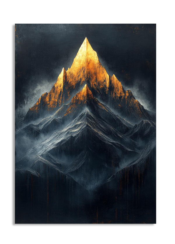 Stylized mountain peak with golden light against a dark background, as a premium aluminum metal print from GoMetalPrint.
