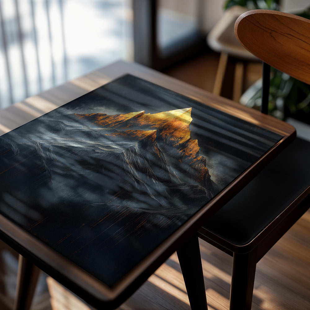 Stylized mountain peak with golden light against a dark background, as a premium aluminum metal print from GoMetalPrint.
