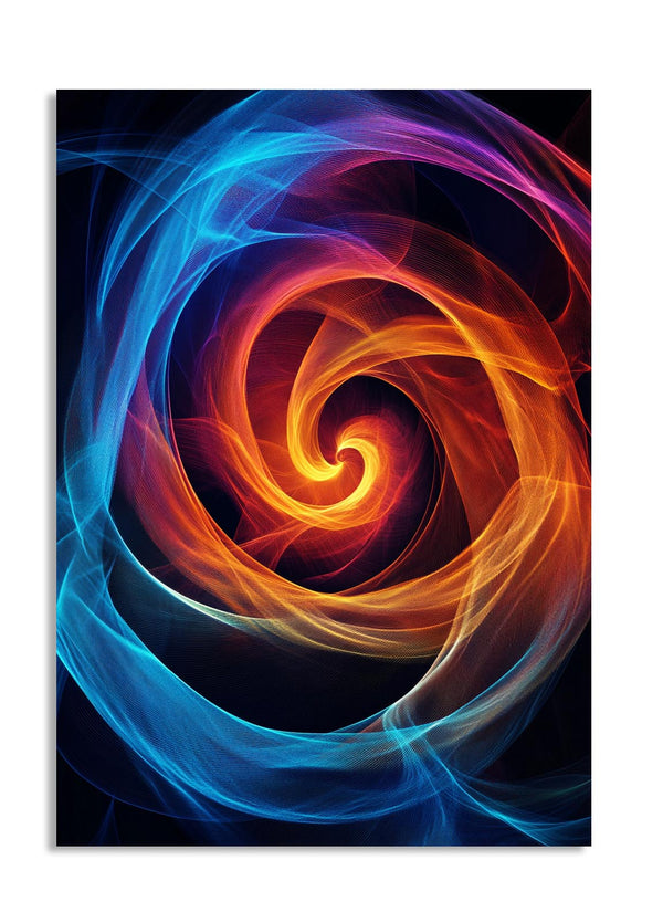 Colorful spiral design with blue, orange, and purple on a black background, as a premium aluminum metal print from GoMetalPrint.
